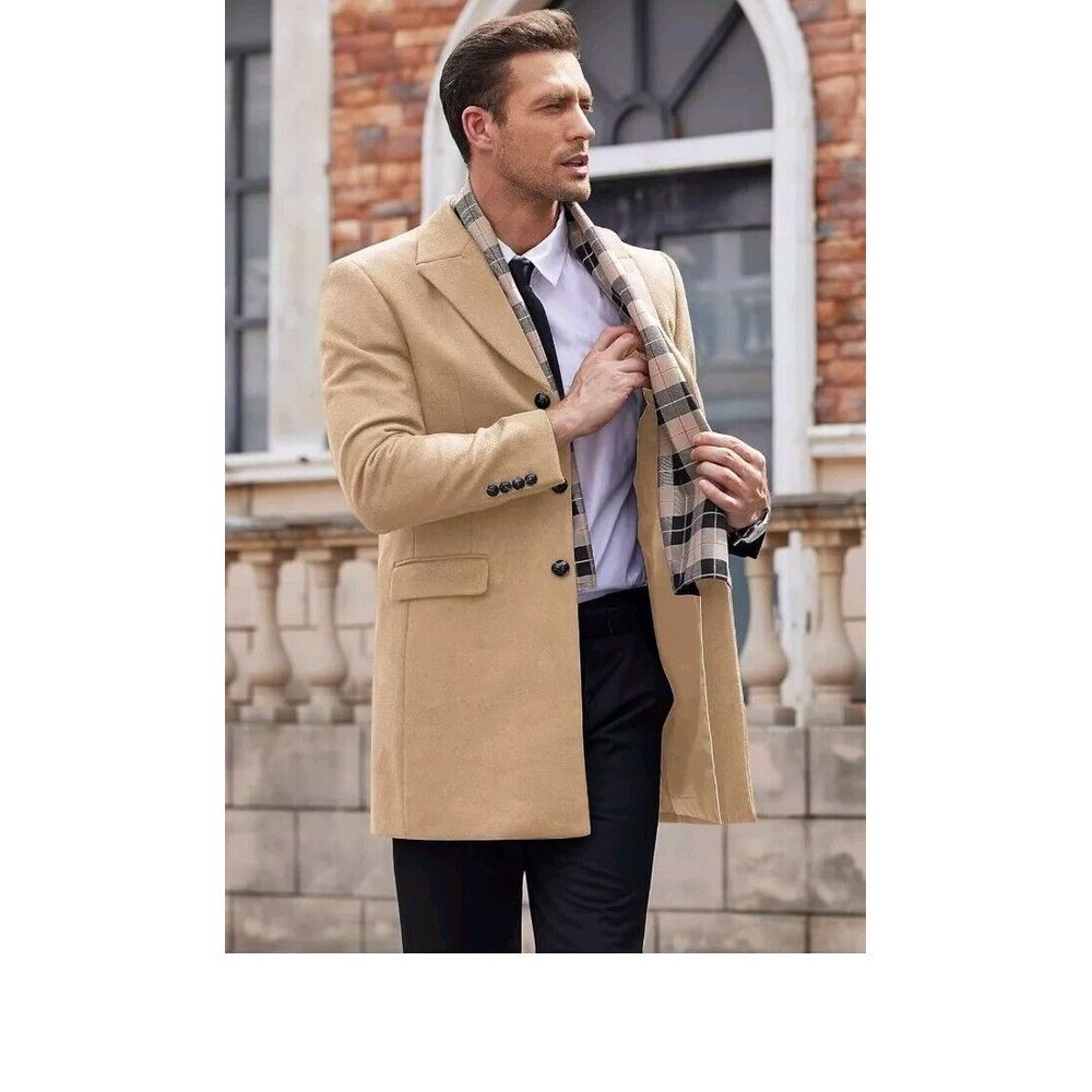 COOFANDY Men's Wool Blend Coat with Detachable Plaid Scarfs Notched Collar Singl